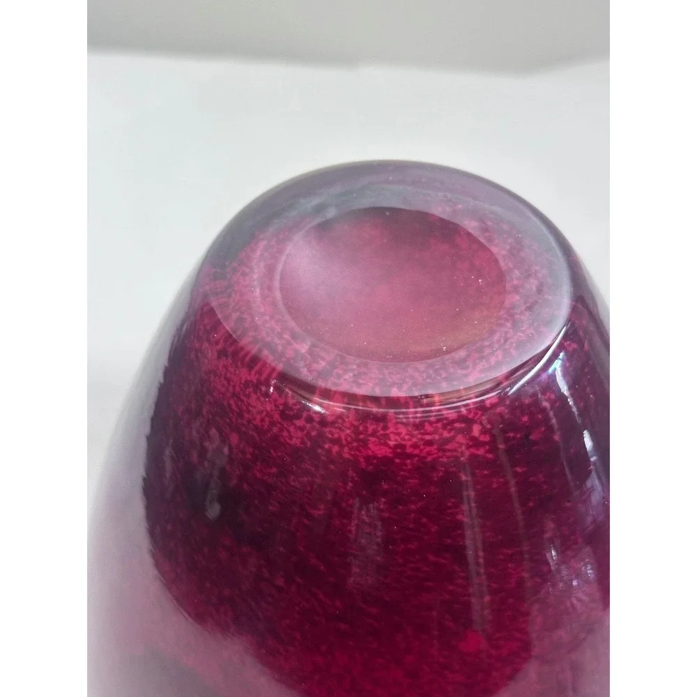 Red Art Glass Bulbus Vase Black Swirls Pontil Finish Tall Wide‎